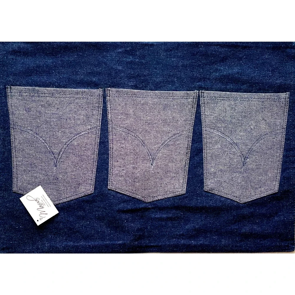 Manual Set of 4 Heavy Duty Denim Placemats 3 Utensil Pockets Blue Cotton 13